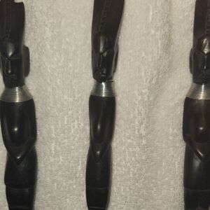 Hand-Carved Vintage African Wood Tribal Figurine Utensils with Silver Accent Set